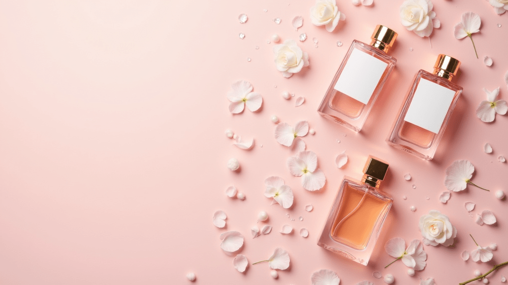 A glamorous flat lay of fragrance bottles, shimmering accents, and delicate floral petals on a soft pastel background.