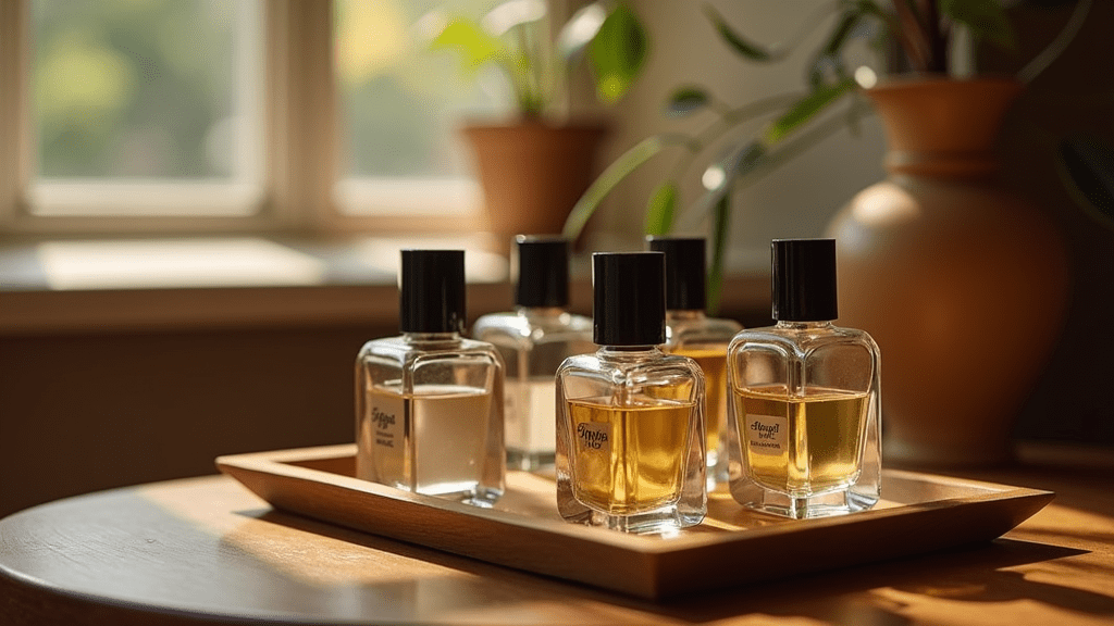A neatly organized perfume collection with bottles arranged on a wooden tray in a softly lit, cozy room