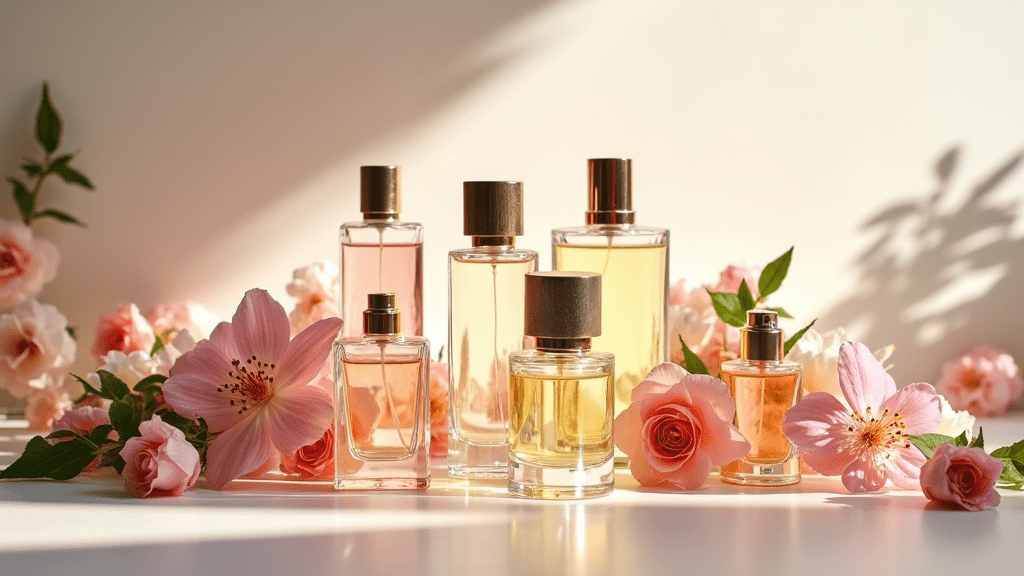 A variety of elegant perfume bottles surrounded by flowers and botanicals with no people or text.