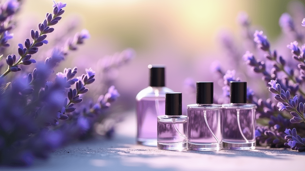 Lavender fields and perfume bottles with purple and blue hues, surrounded by flowers and soft lighting