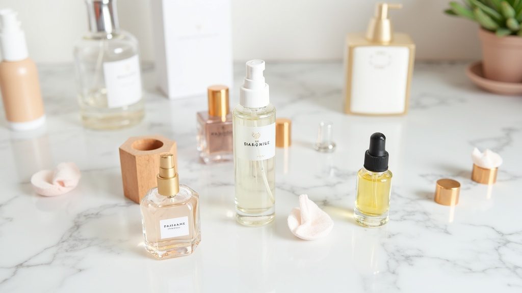 A selection of perfume bottles and sampling strips on a clean counter with soft lighting