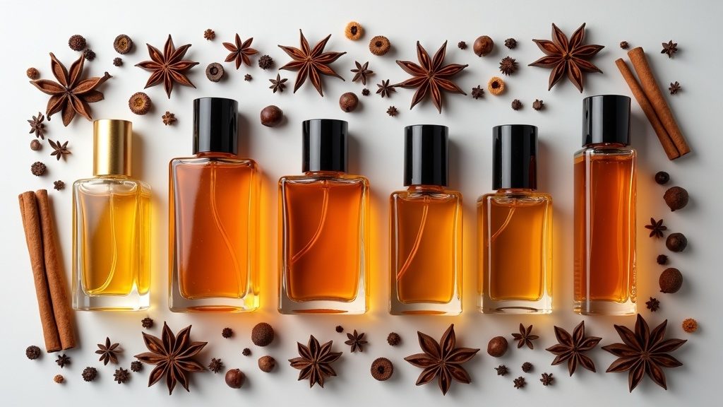 A flat lay of spicy fragrance bottles surrounded by peppercorns, cinnamon sticks, cloves, and star anise.