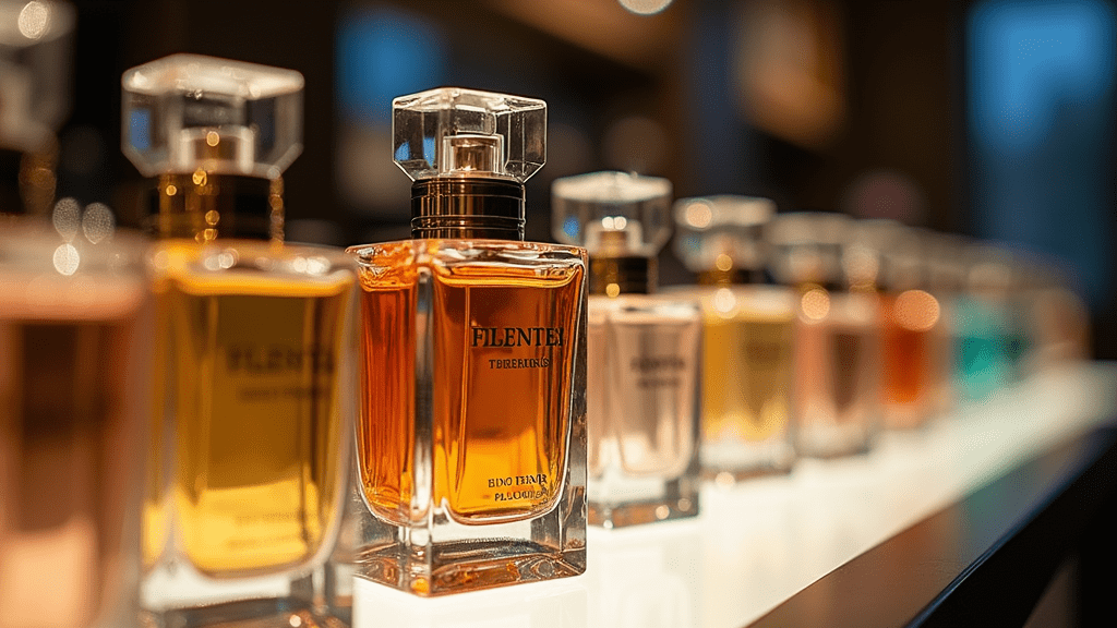 An elegant, softly lit display of designer perfume bottles, focusing on colorful glass and sparkling details. No people, only perfume bottles on a clean surface.