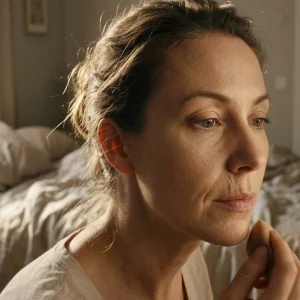A close-up of a woman's face in soft morning light, foundation applied smoothly across the cheek but visibly gathering into a fine line beside the nose and mouth, showing t