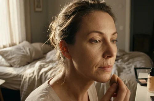 A close-up of a woman's face in soft morning light, foundation applied smoothly across the cheek but visibly gathering into a fine line beside the nose and mouth, showing t