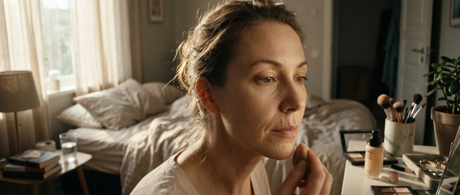 A close-up of a woman's face in soft morning light, foundation applied smoothly across the cheek but visibly gathering into a fine line beside the nose and mouth, showing the texture catching light unevenly. Sitting at her bedside mirror