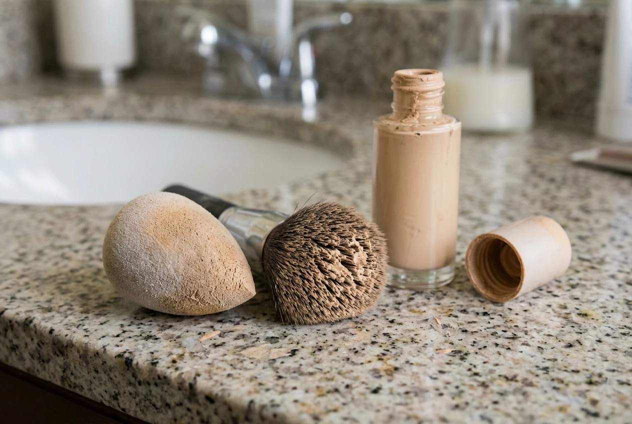 A makeup sponge and a brush laid side by side on a bathroom counter, the sponge dry and stiff, the brush with foundation caked into its dry bristles, next to a bottle of foundation with the cap off.