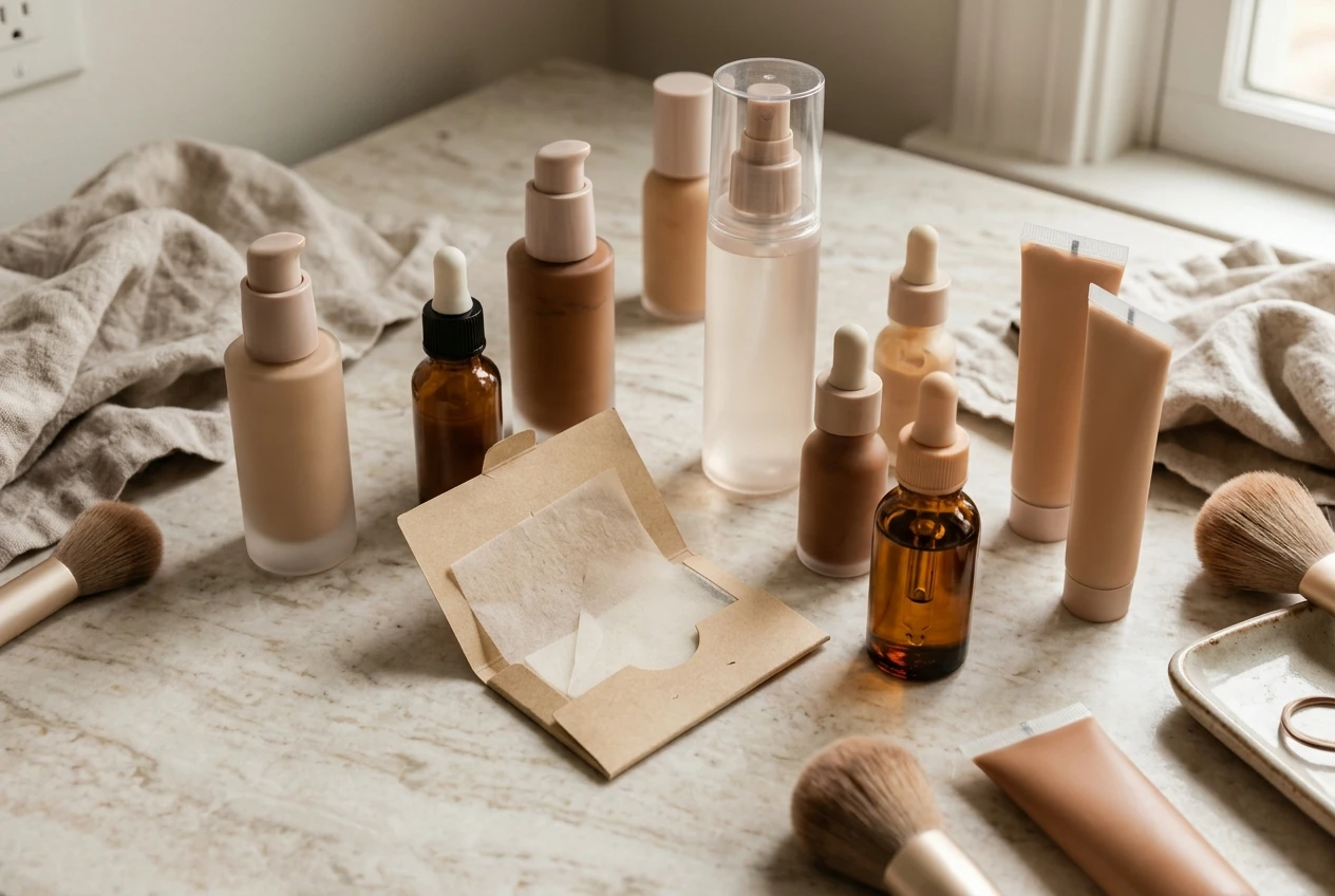 A selection of foundations with a setting spray and plotting pads and facial oil bottle