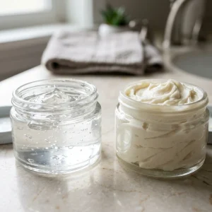 Two small glass jars side by side on a bathroom counter, one holding clear glycerin gel, the other a thick pale swirl of shea butter, with soft natural light showing their different t